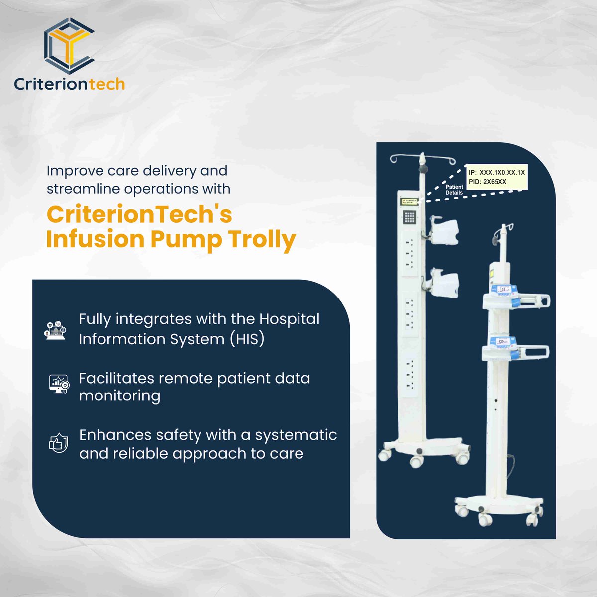 criterion_tech's tweet photo. Effortless integration, enhanced safety. Our Infusion Pump Trolley redefines patient care with HIS connectivity and remote monitoring for streamlined workflows.
.
Learn more: https://t.co/BCBVleMYgY
.
#InfusionPump #PatientCare #MedicalDevices #Criteria4Technology #CriterionTech https://t.co/J4AHkRRh1j
