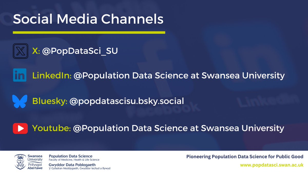 PopDataSci_SU's tweet image. Did you know we&apos;re on LinkedIn, Bluesky and YouTube?

Follow our other channels to keep up to date with the latest research, career opportunities and internships at Population Data Science👇

@SwanseaUni @SwanseaMedicine #teamscience #PopulationDataScience #Research #careers