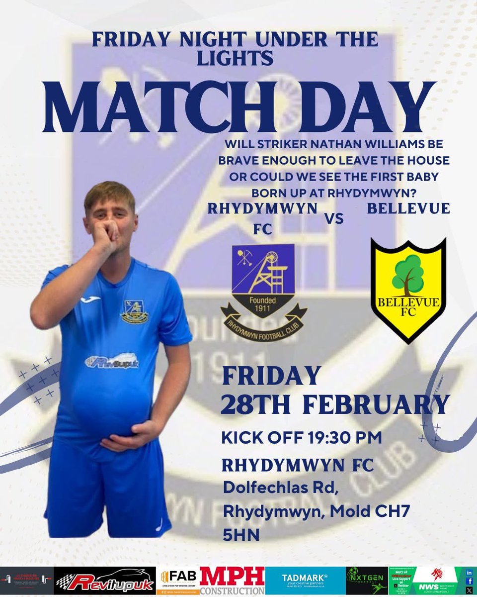 Tomorrow we welcome Bellevue to Rhydymwyn.

Nathan Williams will become a father in the next couple of weeks, we hope to see this celebration at some point before the birth of his first born!

<a href="/NWSportDave/">Grassroots North Wales</a> <a href="/NWalesSocial/">#NorthWalesSocial ⬆️🏴󠁧󠁢󠁷󠁬󠁳󠁿🤝</a>