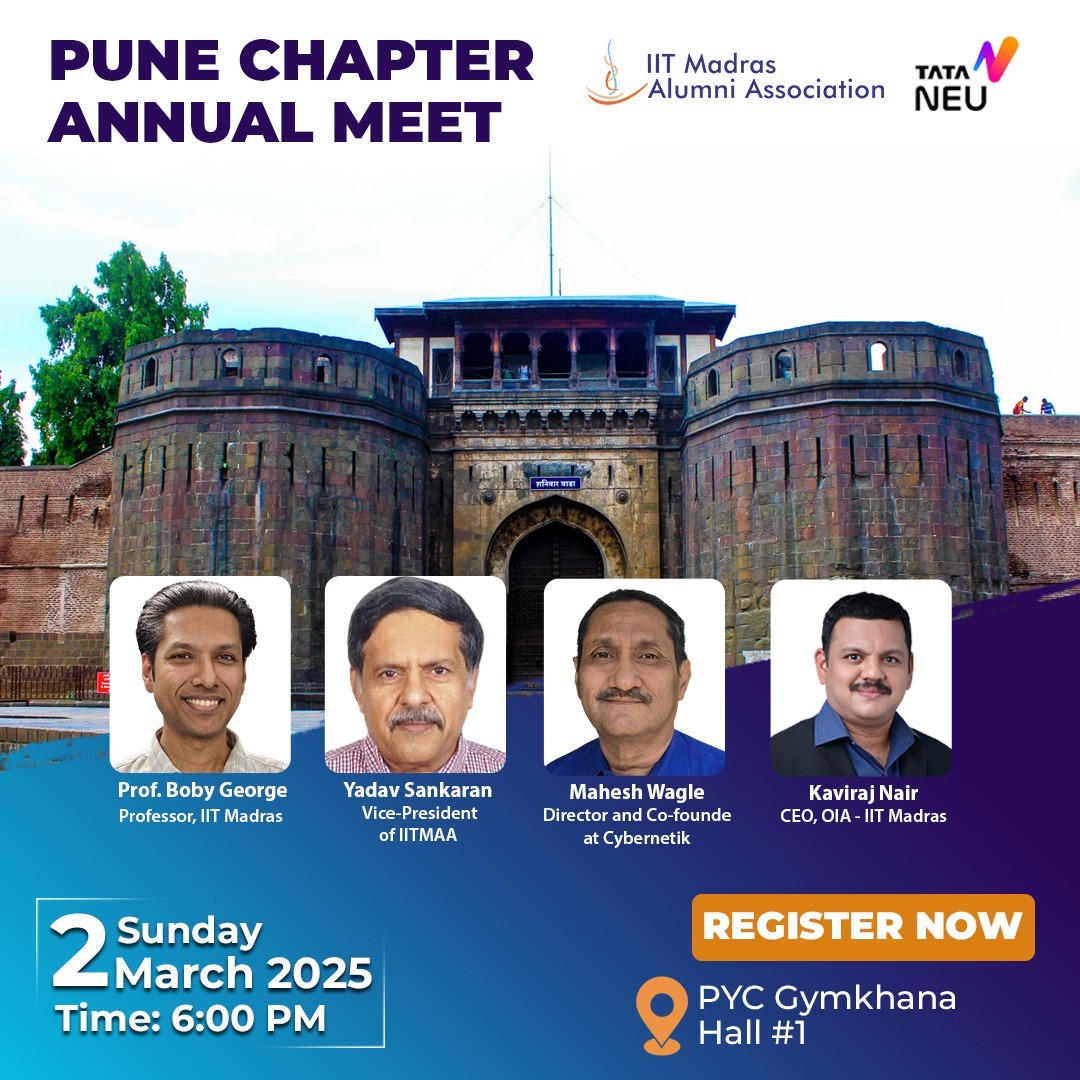 IITMAA's tweet image. 🎉IITMAA Pune Chapter Annual Meet 2025

📅March 2, 2025 | 6 PM
📍PYC Hindu Gymkhana (Hall 1)
Reconnect, reminisce &amp;amp; network with IITM alumni! Hear from IIT Madras &amp;amp; IITMAA leadership on future initiatives.

Register👉🏻: bit.ly/4bialRg

#IITMAA #PuneChapter #AlumniMeet2025