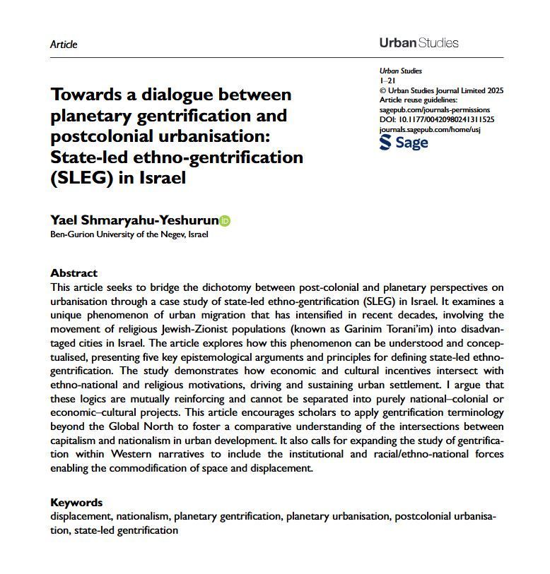 USJ_online's tweet photo. New #OpenAccess article by @YaelShmaryahu: Towards a dialogue between #PlanetaryGentrification and #postcolonial urbanisation: State-led ethno-gentrification (SLEG) in Israel
https://t.co/RKmmP85dBY https://t.co/wMnS8mlQ2g