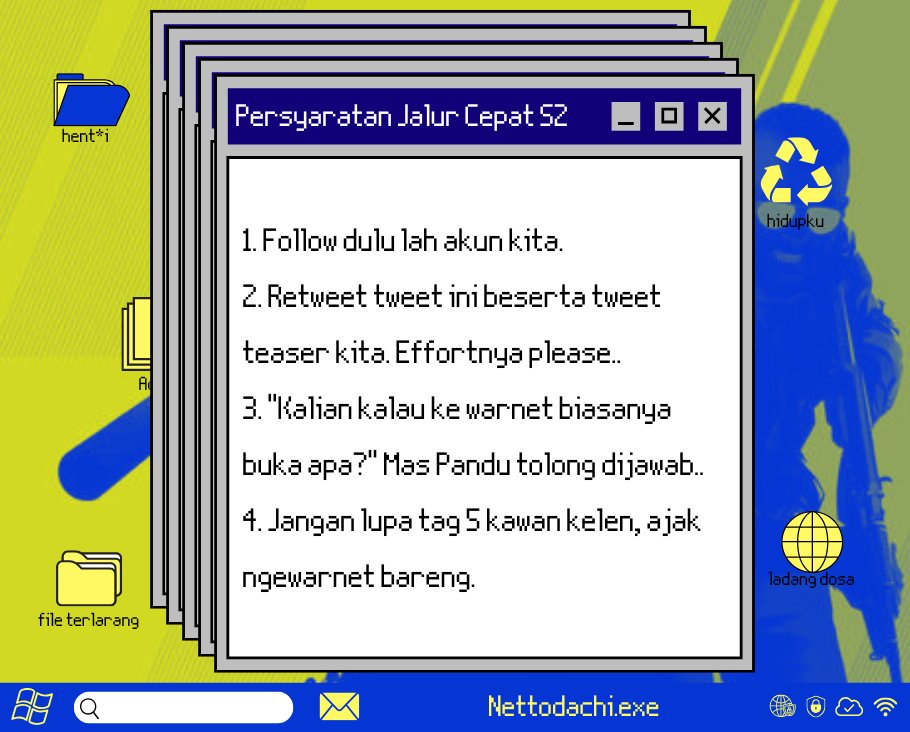Nettodachi's tweet image. JALUR CEPAT SEASON 2: REDEMPTION ARC! 🎟️🔥

Buat yang kemarin kelewatan fast track season 1, ini dia kesempatan kedua kalian buat langsung nyelonong masuk warnet tanpa ngantri!