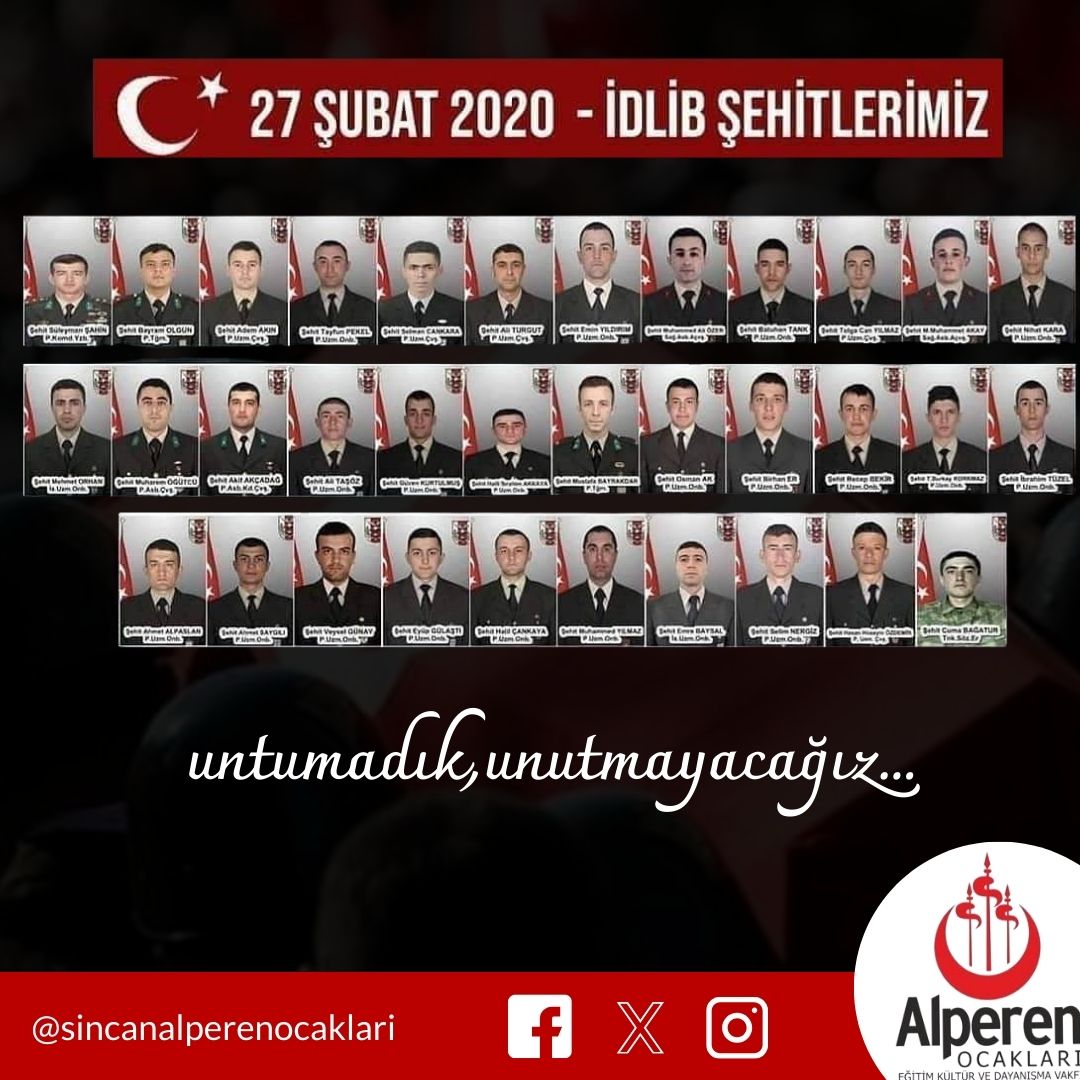 27 Şubat 2020de Suriye idlib ilinde bulunan silahlı kuvvetlerimize bağlı taburumuza havadan saldırı sonucuda otuzdört askerimiz fidanımız şehit olmuştu
Ruhları şad mekanları cennet olsun
Unutulmasınki kinimiz diridir
<a href="/AlicanKOCAMAN55/">Ali Can KOCAMAN🇹🇷</a>
<a href="/AnkaraalpOcak/">ANKARA ALPEREN OCAKLARI</a>
<a href="/etialperenocak/">ETİMESGUT ALPEREN OCAKLARI İLÇE BAŞKANLIĞI</a>
#idlibsehitleri