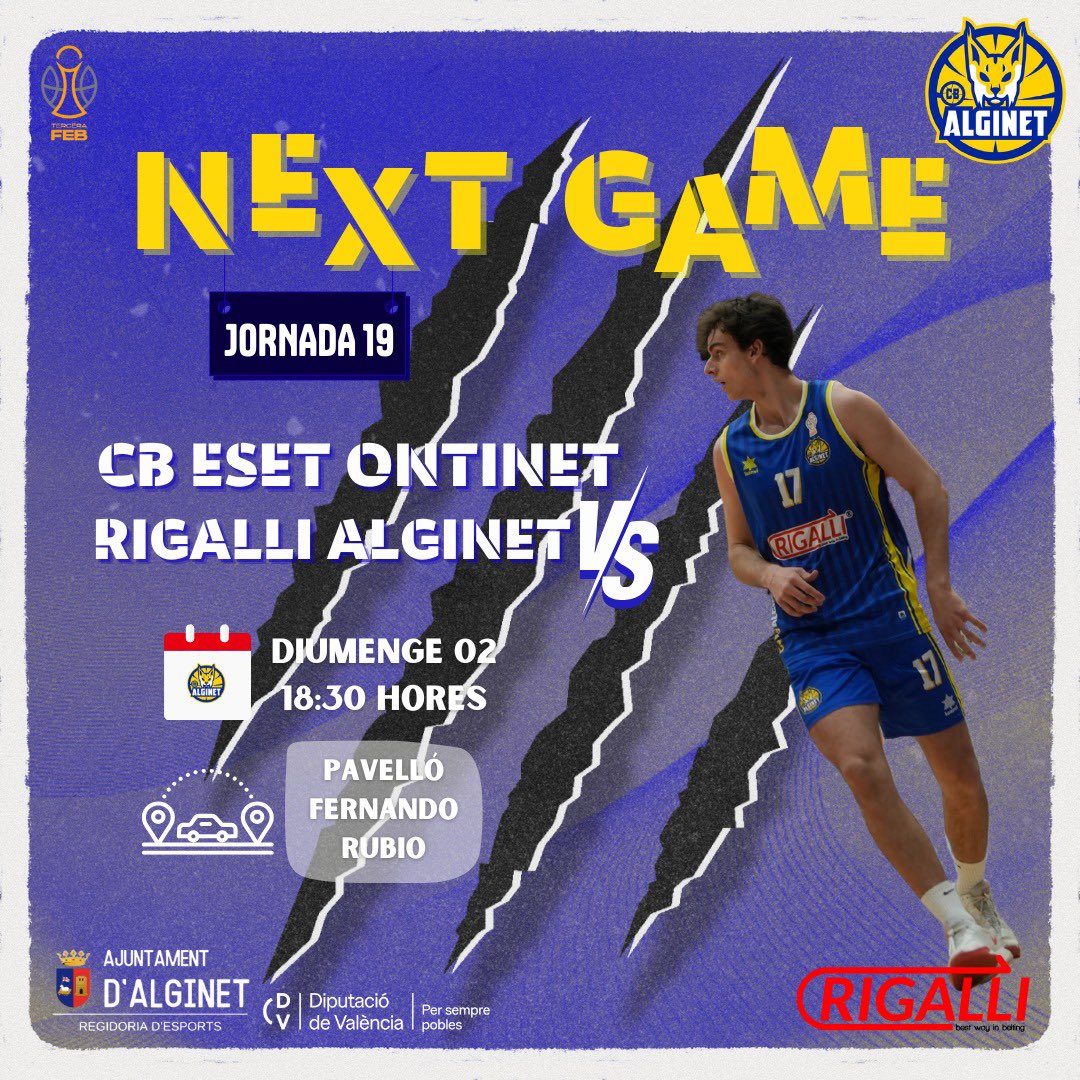 NEXT GAME👀🔥

El Rigalli Alginet viatja aquest cap de setmana fins a Ontinyent per a disputar la jornada 19 davant el Eset Ontinet⚔️🏀

El partit tindrà lloc el diumenge a les 18:30 al pavelló Fernando Rubio📍🙌