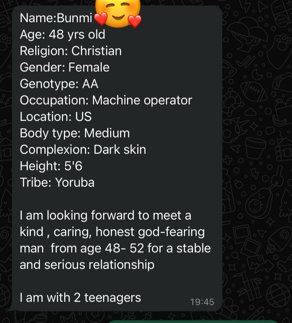 Hello, my name is Princess Adeola, I am your favorite online matchmaker. Are you single and desires a serious relationship? Are you in Nigeria or diaspora? You’re welcome to check/join our singles channel of over 8,000 followers on WhatsApp. whatsapp.com/channel/0029Va… I’m sure we