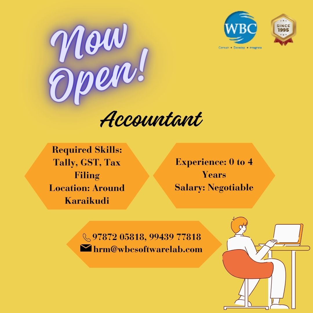 WBCSoftware_Lab's tweet image. 📢 We’re Hiring an Accountant! 💼✨
💫Join our dynamic and supportive team where your accounting skills will make a real impact! 🚀
#Hiring #AccountantJobs #Immediatehiring #JoinOurTeam #AccountingLife #Tally #GSTfiling #Taxfiling #KaraikudiJobs #WBC