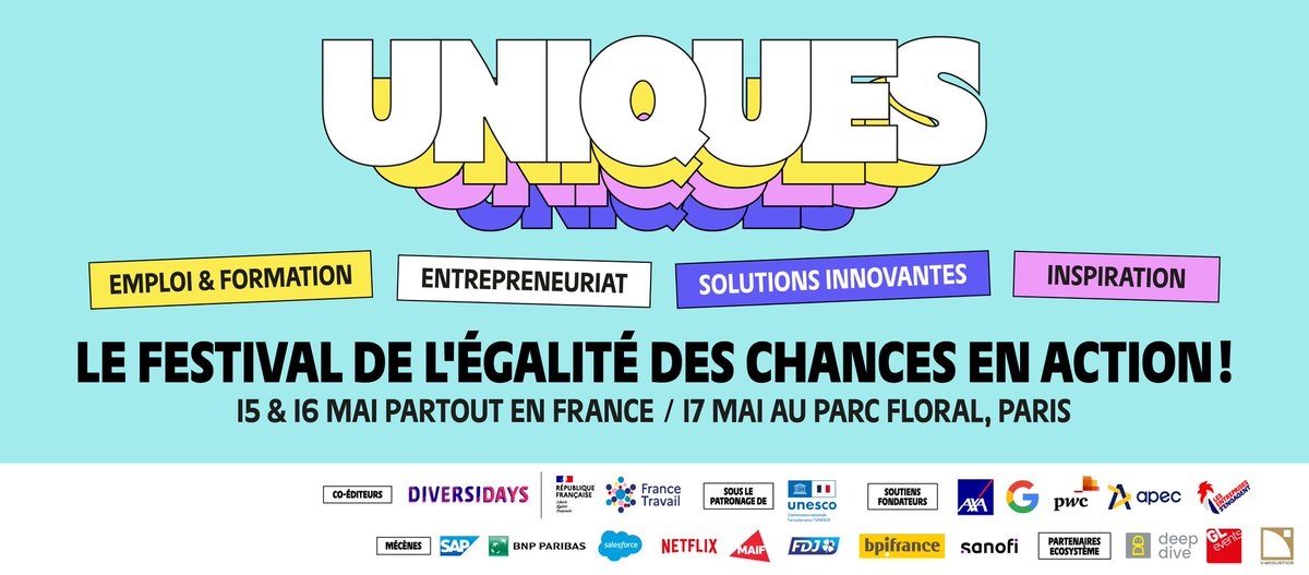 France Travail (@francetravail) on Twitter photo UNIQUES, le festival de l’égalité des chances arrive !
15&16 mai : partout en 🇫🇷
17 mai : Parc Floral de Paris
💡Emploi, formation, entrepreneuriat, un événement coédité avec <a href="/diversidays/">Diversidays</a> pour toutes celles et ceux qui cherchent leur place
Inscriptions🔗festival-uniques.com UNIQUES, le festival de l’égalité des chances arrive !
15&16 mai : partout en 🇫🇷
17 mai : Parc Floral de Paris
💡Emploi, formation, entrepreneuriat, un événement coédité avec <a href="/diversidays/">Diversidays</a> pour toutes celles et ceux qui cherchent leur place
Inscriptions🔗festival-uniques.com