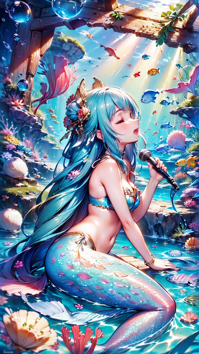 Ranuret's tweet image. 本格的にマイク使ってる人魚出てきた…！
コーヒー吹くとこだった！
#AI画像生成 #画像生成AI #Stable_Diffusion #AI美女