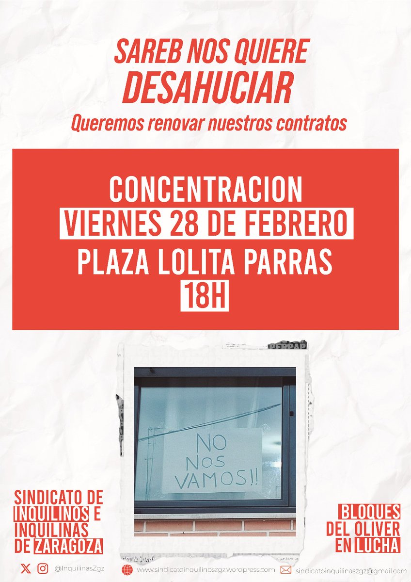 InquilinasZgz's tweet photo. Mañana viernes 28, a las 18h, los Bloques en Lucha del Oliver convocamos, con el Sindicato de Inquilinas, una concentración en la plaza Lolita Parra para paralizar los 14 desahucios programados y reclamar nuevos contratos. https://t.co/iT3vReWzYw