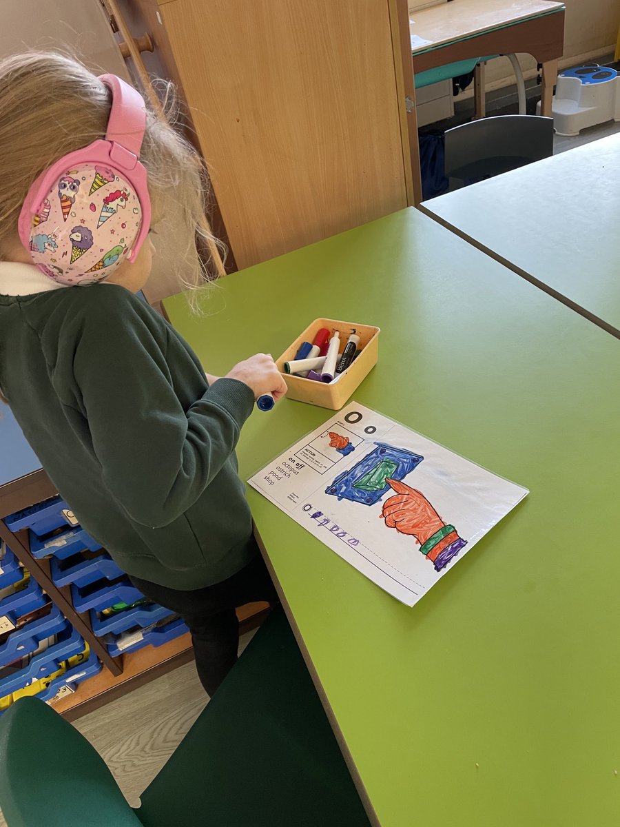 Colouring with white board pens and laminated sheets. Easier to make the marks!