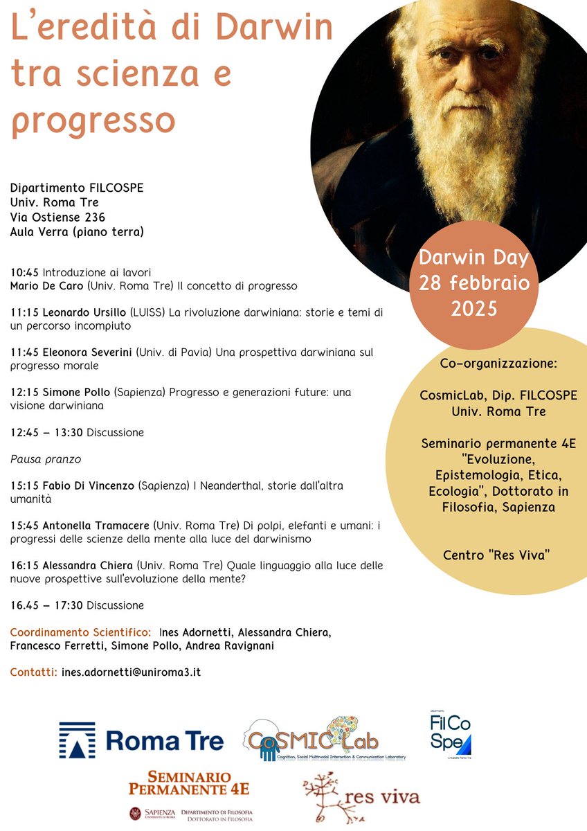 AntonellaTrama3's tweet image. Domani a Roma Tre celebriamo il Darwin Day. Io parlerò "Di polpi, elefanti e umani. I progressi delle scienze della mente alla luce del darwinismo". Ci saranno anche Simone Pollo, Mario De Caro, Alessandra Chiera e Fabio di Vincenzo, tra altri e altre.
Spero di vedervi lì.