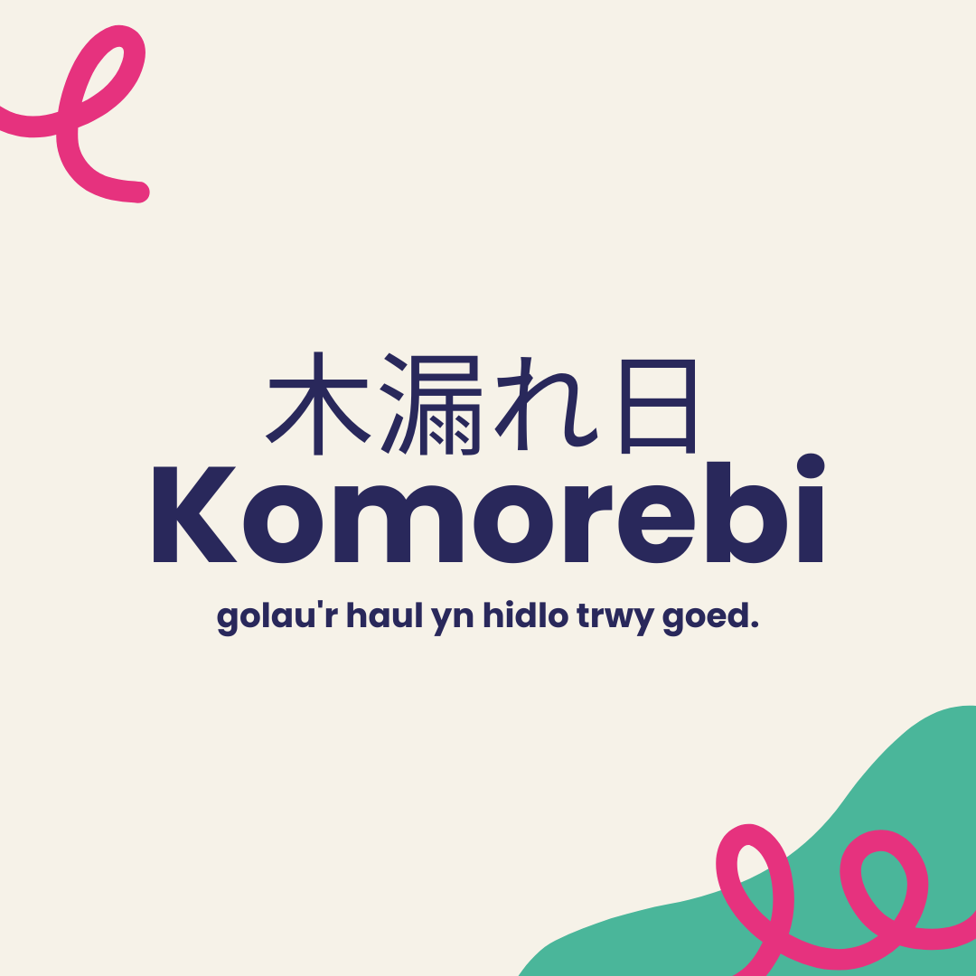 Yn Japaneg, mae 'Komorebi' (木漏れ日) yn cyfeirio at olau'r haul yn hidlo trwy goed. 🌳☀️Gair hardd am deimlad cyffredinol! Oes 'da ti eiriau cŵl i'w rhannu? Rho' wybod i ni 👇