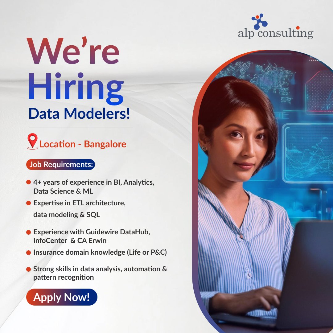 Alp_Corporate's tweet image. We’re Hiring!
In case you fit the criteria and would like to apply, please share your CV at careers@alpconsulting.in
#Hiring #DataModeler #BangaloreJobs #BI #Analytics #DataScience #MachineLearning #ETL #SQL #Guidewire #CAErwin #InsuranceJobs #CareerOpportunity #JobOpening