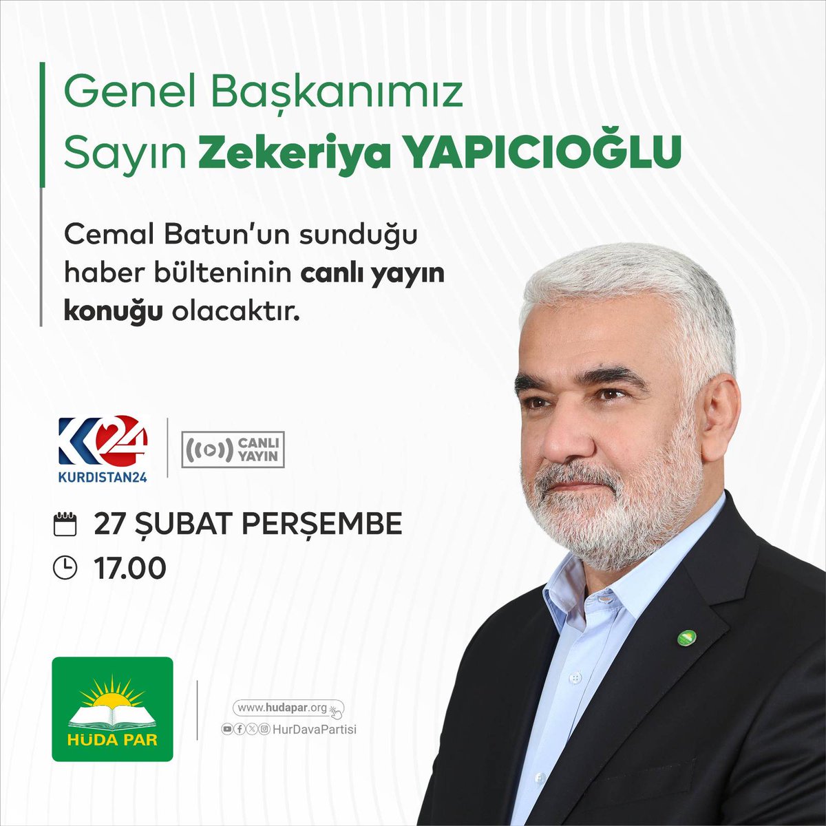 Genel Başkanımız Sayın Zekeriya Yapıcıoğlu, bugün saat 17.00’de Kürdistan 24 TV’de Cemal Batun’un sunduğu haber bülteninin canlı yayın konuğu olacaktır.