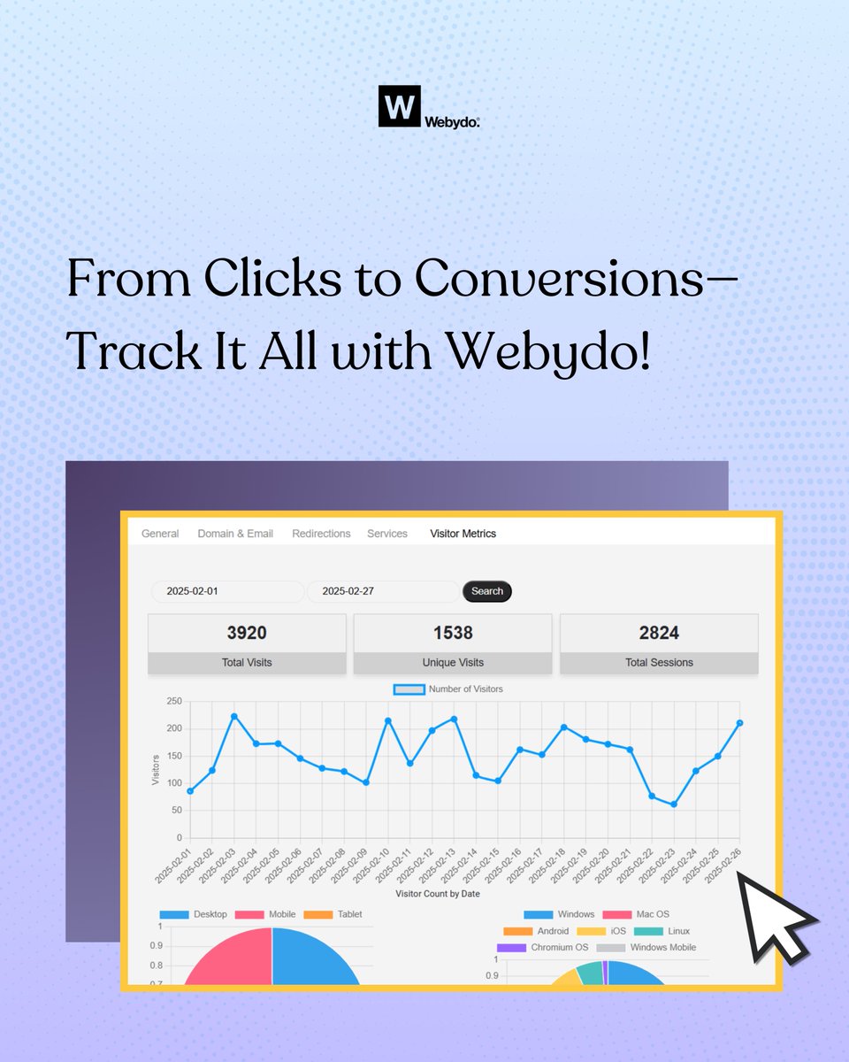 webydo's tweet image. From Clicks to Conversions—Track It All with Webydo! 📊

Know who’s visiting, what they love, and how to turn views into value! With Webydo’s visitor metrics, every click tells a story—are you ready to listen? 

#Webydo #WebsiteMetrics #WebsiteDesignSoftware #WebsiteBuilderFree