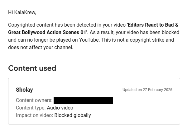 Kala_Krew's tweet photo. @TeamYouTube We took down the original episode. Our team re-edited the claimed portions, and re-uploaded it yesterday.
Now, the claimant has blocked the video worldwide again, but for different portions this time—ones that weren't flagged before.

Does this ring a bell? @TeamYouTube https://t.co/LZaEzSz7UZ