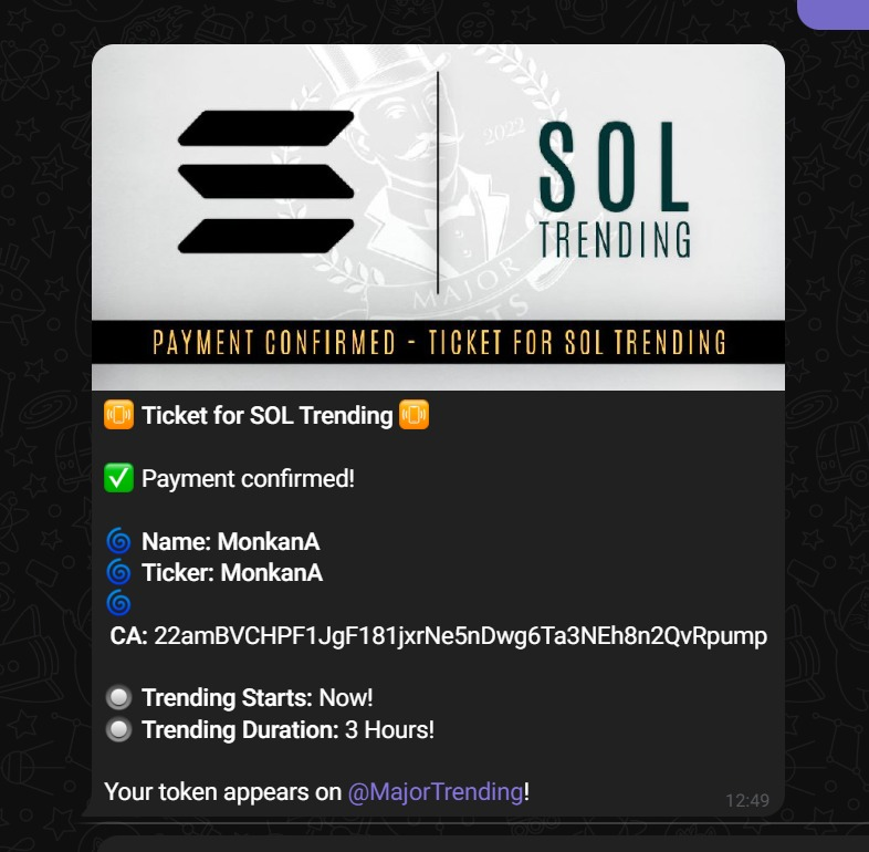 Sol Trending paid! LFG! 🔥⚡👑🐒🍌

#MonkanA

CA: 22amBVCHPF1JgF181jxrNe5nDwg6Ta3NEh8n2QvRpump