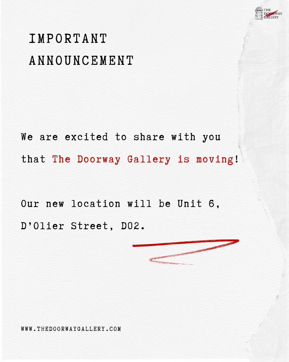 doorwaygallery's tweet image. 📯We have big news📯

The Doorway Gallery has a new home! 
From the end of April you’ll find us at Unit 6, D’Olier Street, Dublin 2

🎈For the occasion we’ll have a relocation sale with discounts on lots of art pieces.

Stay tuned!

#comingsoon #relocationsale #thedoorwaygallery