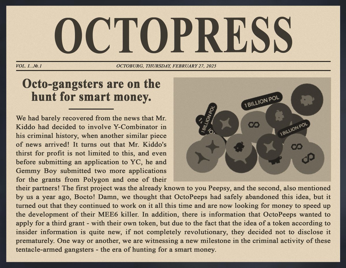 Time to proof we have insides at <a href="/OctoPeepsNFTs/">OctoPeeps</a>! They didn't tell about it yet so we do! Mr. Kiddo applied for 2 <a href="/0xPolygon/">Polygon | POL</a> community grants at once with his Peepsy and <a href="/BoctoWeb3/">Bocto</a>!

📰 octopeeps.com/dapps/octopress 
📰 opensea.io/collection/oct…