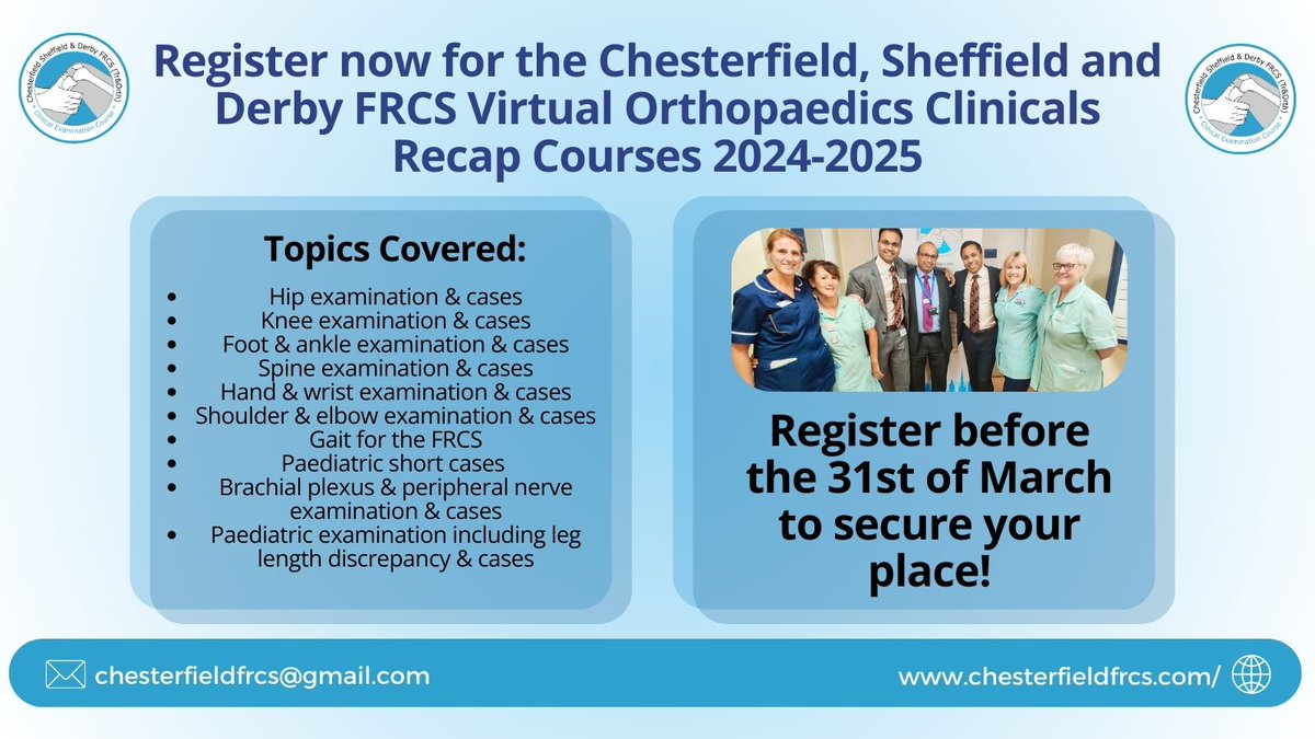 Chesterfield, Sheffield and Derby FRCS Virtual Orthopaedic Clinicals Recap Course 2024-2025 is OPEN until the 31st March!

Register NOW and secure your place to avoid disappointment - lnkd.in/ebVruwrC 

For more information lnkd.in/dN5ixH7

#FRCS #orthopaedics