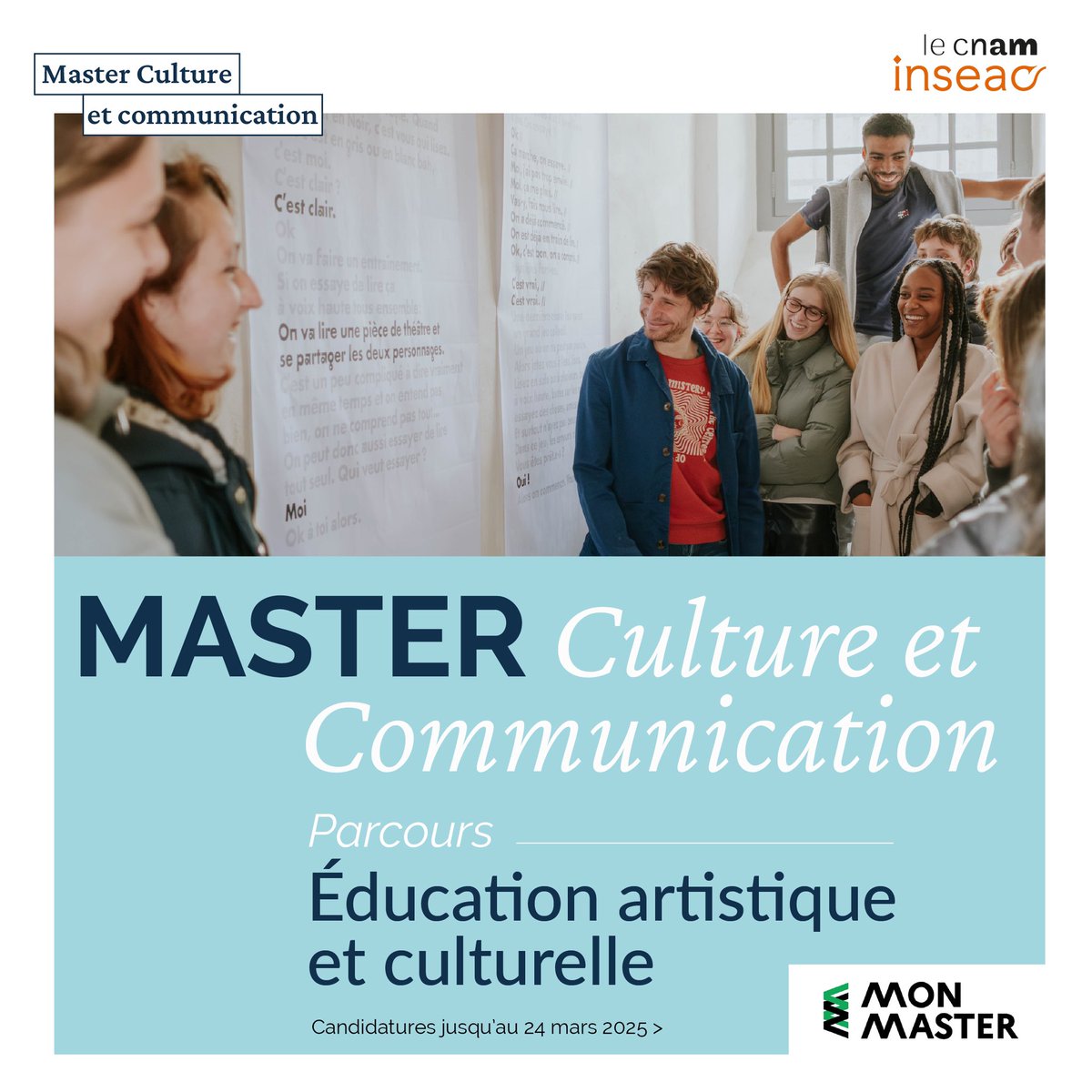 🎓 Candidatures ouvertes pour le Master "Culture et Communication - EAC" !

Formez-vous aux métiers de l’éducation artistique et culturelle.

📅 Dépôt des candidatures du 25 fév. au 24 mars 2025 sur Mon Master.

🔗 Postulez 👉 monmaster.gouv.fr