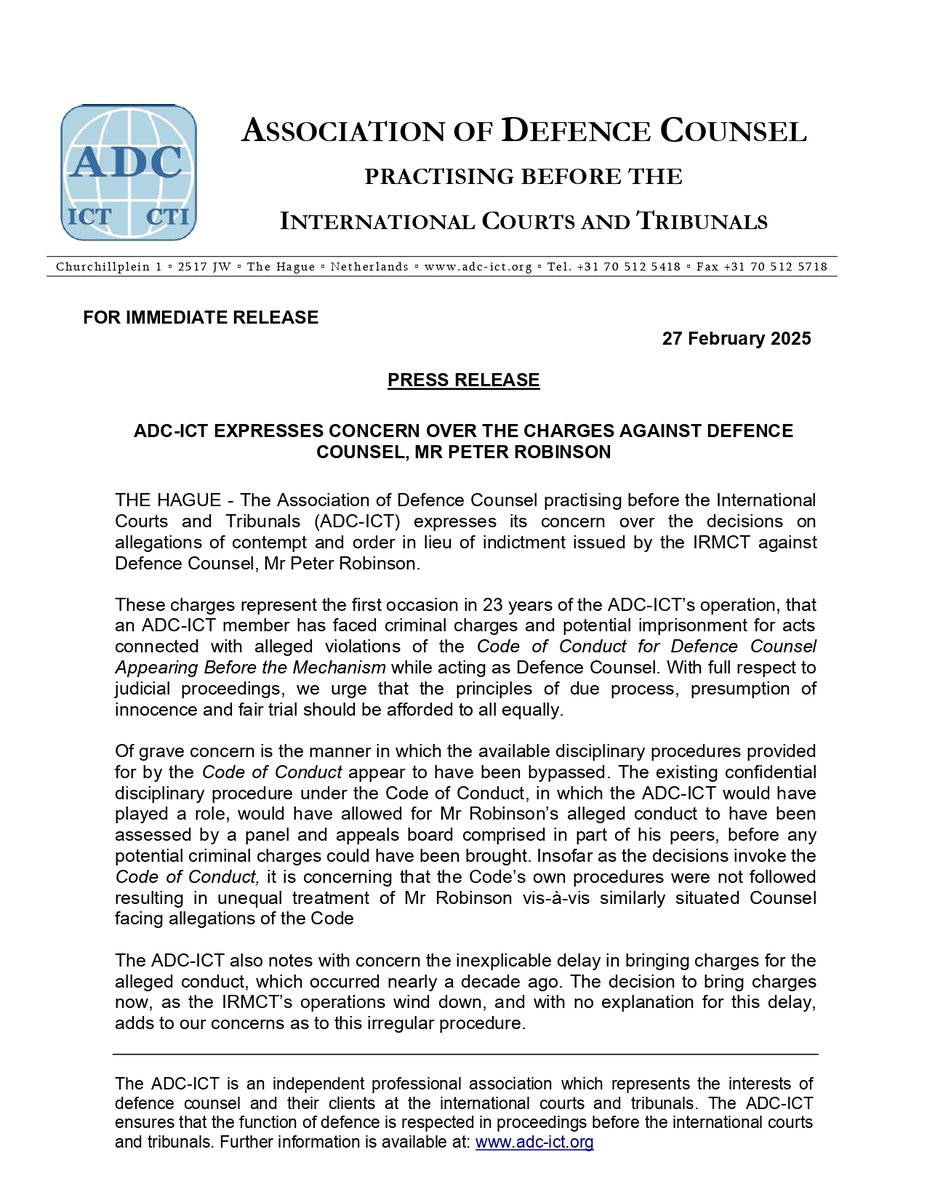 PRESS RELEASE: ADC-ICT Expresses Concern Over the Charges Against Defence Counsel, Mr. Peter Robinson