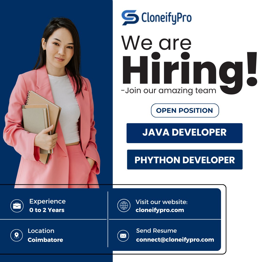 cloneifypro's tweet image. We are hiring! Join our dynamic team and grow your career with us.
👉 Mail your Resume : connect@cloneifypro.com
Join our dynamic team
#blazingcoders #jobs #JobOpportunity #hiring #phython #phthondeveloperhiring #softwarecompany #react #javadeveloper #coimbatorejobopening