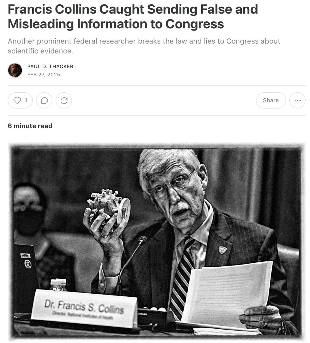 Paul D. Thacker (@thackerpd) on Twitter photo Both Kristian Andersen and Tony Fauci were caught lying to Congress--a 1001 violation. Francis Collins joins this esteemed group.
Of course, there's a new administration, <a href="/USAEdMartin/">U.S. Attorney Ed Martin</a> and they might just prosecute this time. tinyurl.com/29twy3mp Both Kristian Andersen and Tony Fauci were caught lying to Congress--a 1001 violation. Francis Collins joins this esteemed group.
Of course, there's a new administration, <a href="/USAEdMartin/">U.S. Attorney Ed Martin</a> and they might just prosecute this time. tinyurl.com/29twy3mp