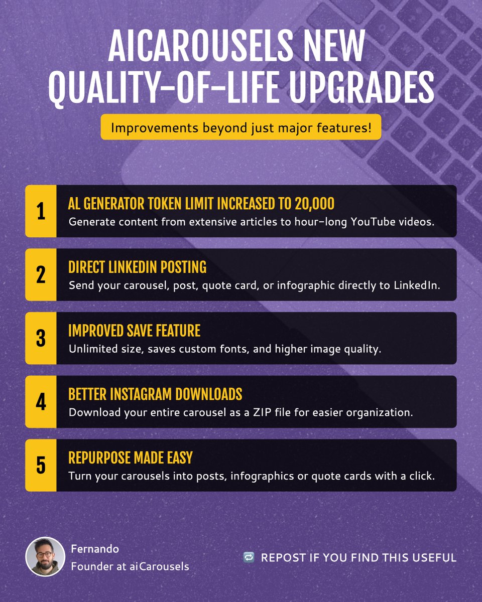 With the recent aiCarousels update, not only are there major new features, but I also want to highlight some less flashy—but SUPER useful—quality-of-life improvements.

P.S. The infographic was made with aiCarousels—took just 30 seconds. 🚀