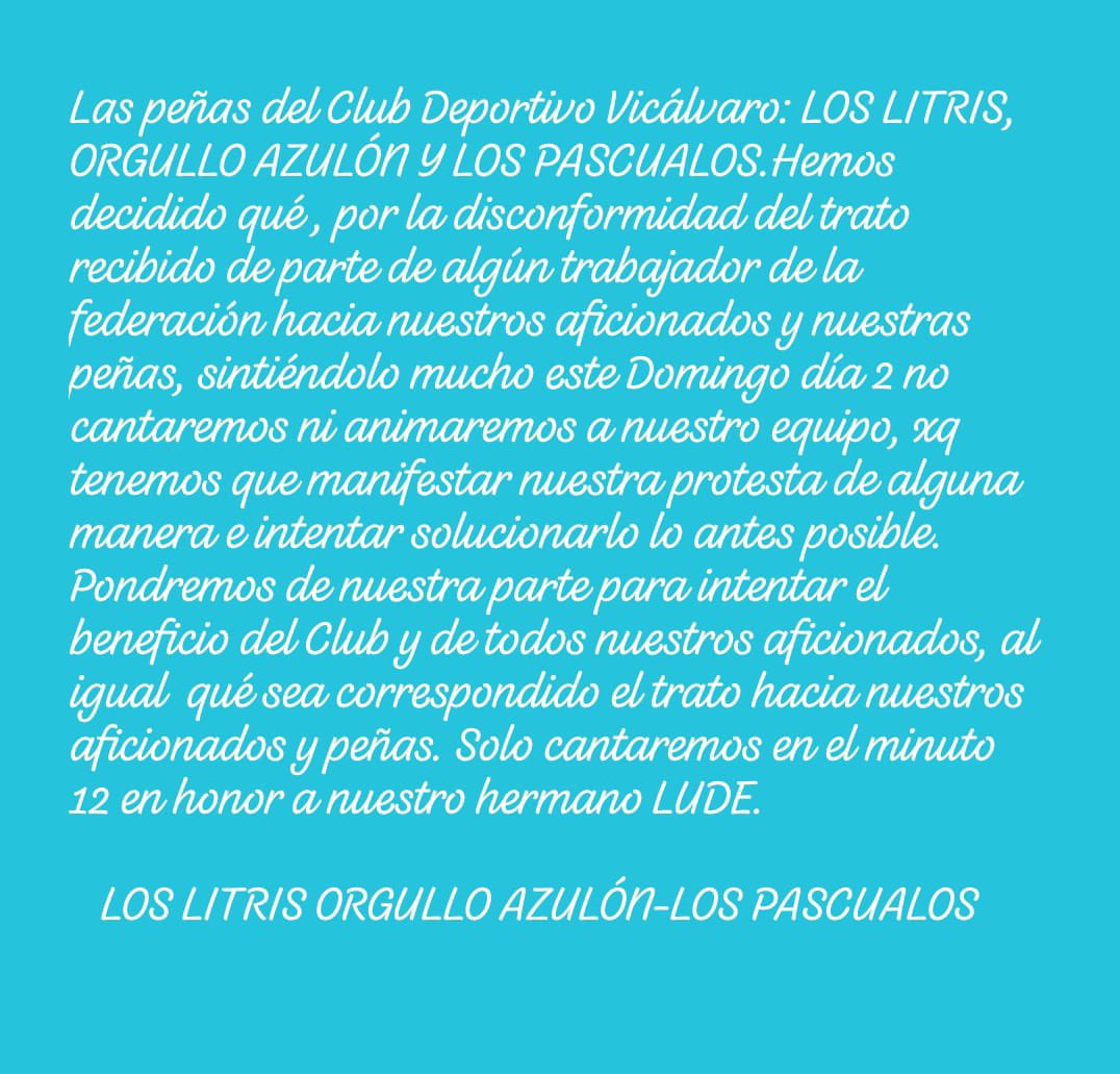 Sintiéndolo mucho este domingo no estaremos con el equipo como nos gustaría, pero tampoco nos gusta el mal trato de algún operario hacia nuestras peñas y aficionados.. pondremos de nuestra parte para q no vuelva a ocurrir!
Gracias por la comprensión! Aupa vical!