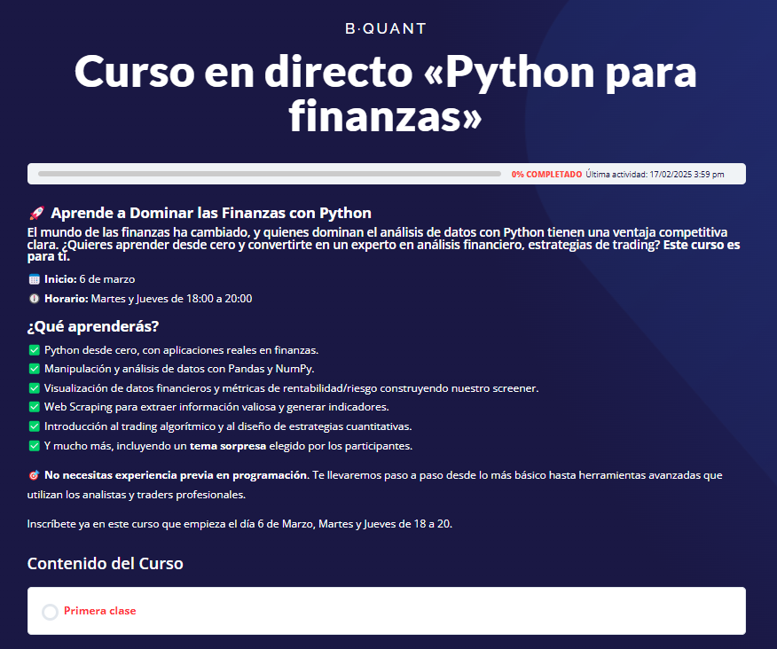 La sesión fue bien, me gustó ver a varios ex-alumnos que siguen dándole caña. Traté de resumir en 1h en qué consiste y qué utilidad tiene el webscraping, tenéis la sesión ya subida en el grupo de telegram. 

Os quiero hablar del curso en el que reforzamos todo esto ⬇️