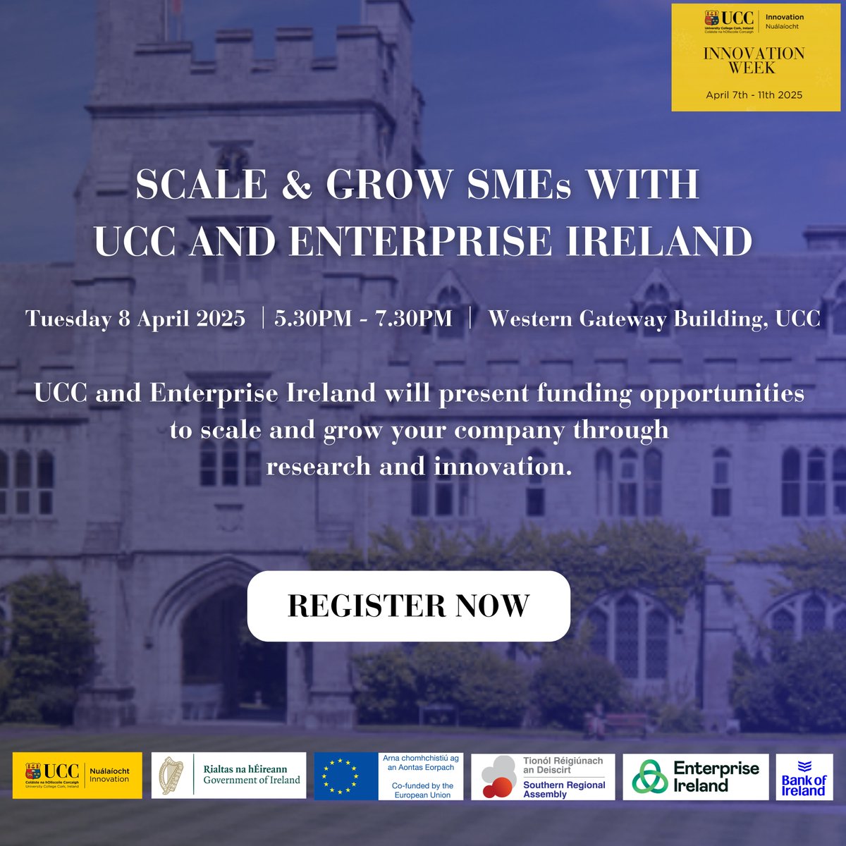 UCC Innovation (@uccinnovation) on Twitter photo Join <a href="/UCC/">UCC Ireland</a> & <a href="/Entirl/">Enterprise Ireland</a> on Tues 8th April to hear about funding opportunities to scale & grow your company through research & innovation. Learn how to seek funding supports to advance research collaborations & how to access research talent at UCC.
Register: ucc.ie/en/innovation/… Join <a href="/UCC/">UCC Ireland</a> & <a href="/Entirl/">Enterprise Ireland</a> on Tues 8th April to hear about funding opportunities to scale & grow your company through research & innovation. Learn how to seek funding supports to advance research collaborations & how to access research talent at UCC.
Register: ucc.ie/en/innovation/…