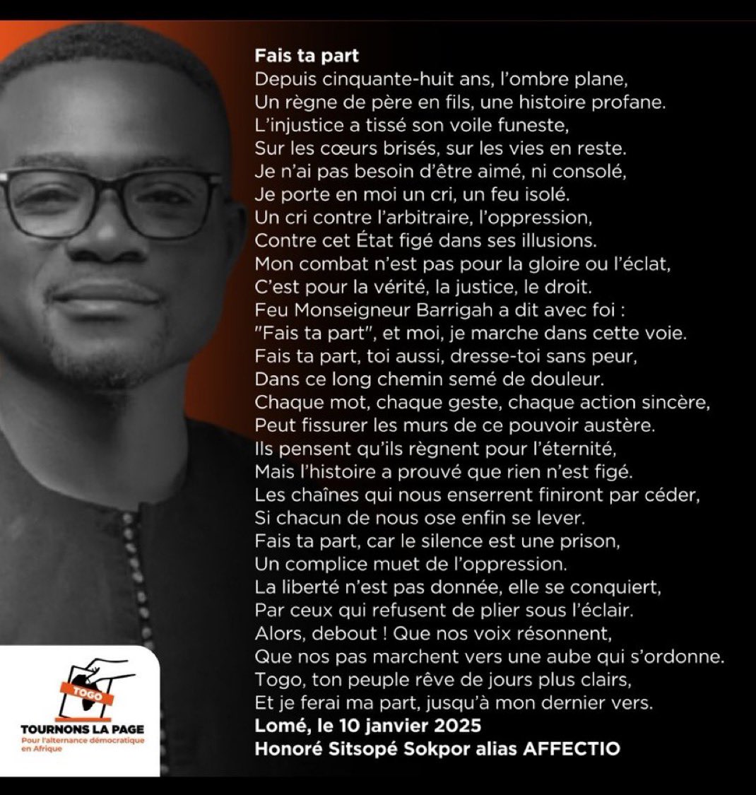 Un jeune Togolais est en prison à cause d’un poème. 

Il est poursuivi pour atteinte à la sécurité de l’Etat. 

Je fais ma part. Je partage.