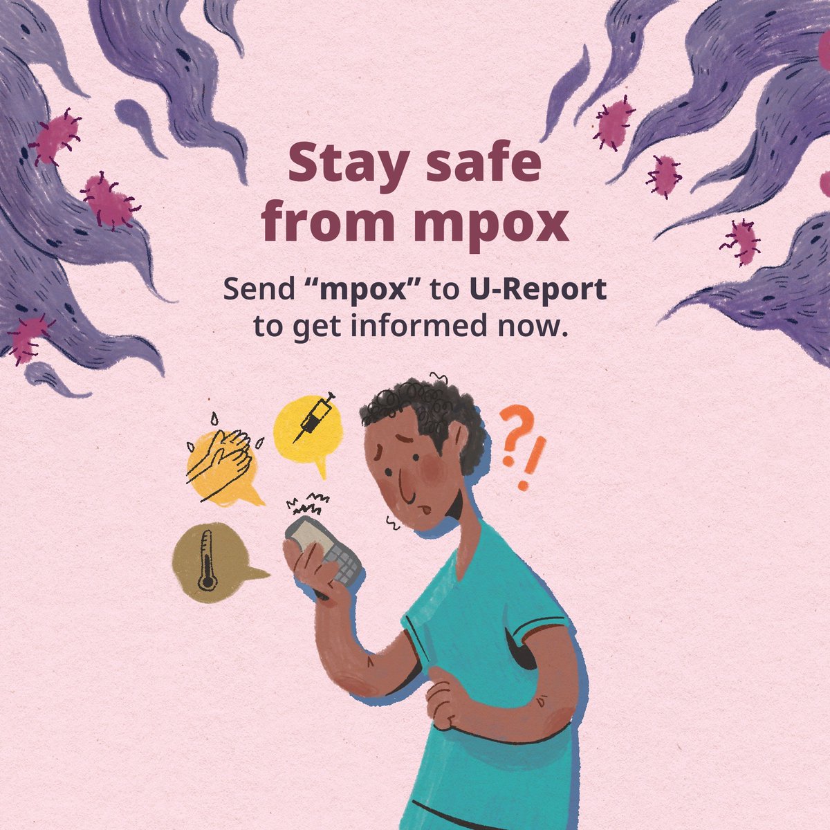 UReportGlobal's tweet image. ⚠️ Find out how mpox spreads, its symptoms, and how to protect yourself.

Send "mpox" in a message to U-Report to explore the chatbot.

Facebook 👉 bit.ly/FB-MPOX
Instagram 👉 bit.ly/IG-UReport
Telegram 👉 bit.ly/TG-MPOX
Viber 👉 bit.ly/VB-MPOX