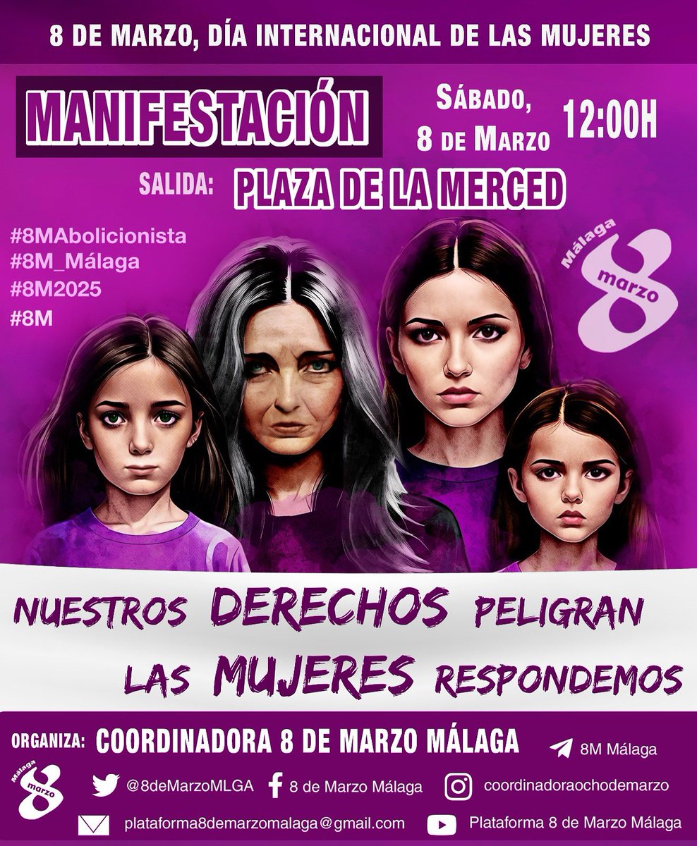 Nuestro derechos peligran, las mujeres respondemos. #8M2025 #8M_Màlaga 12hs. Salida de Plaza de la Merced 💪🏼