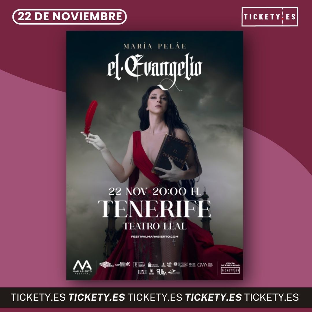 🎶​ ¡𝗠𝗔𝗥𝗜𝗔 𝗣𝗘𝗟𝗔𝗘! ​🪶​ #FestivalMarAbierto presenta la gira "El Evangelio" de la artista malagueña que promete una experiencia inolvidable, con pasión y emoción.

🎟️ tickety.es/event/maria-pe…

⏰ 20:00h
📅 22 de noviembre
📍 Teatro Leal - La Laguna - Tenerife