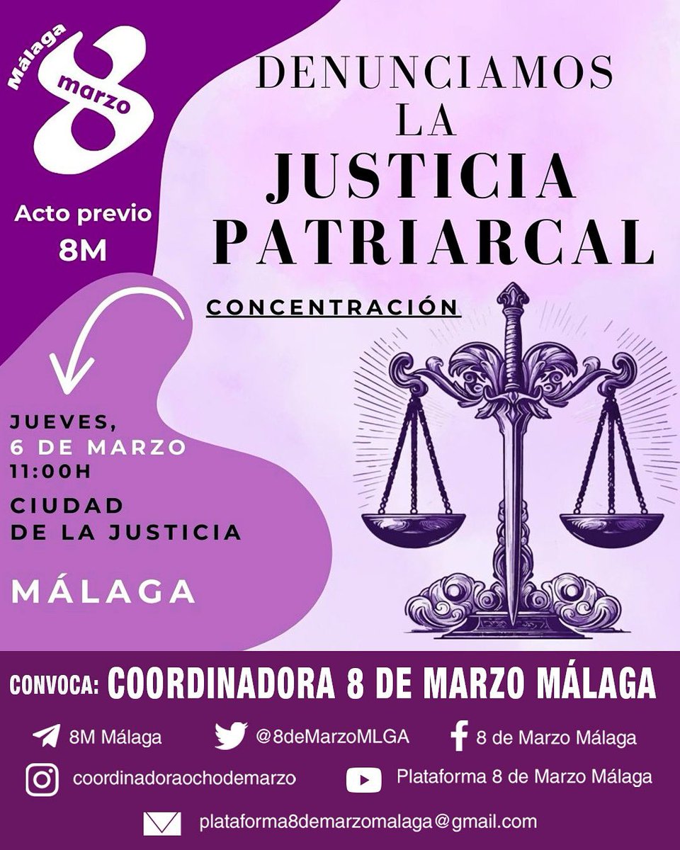 Actos previos #8M_Málaga #8M2025  Nos vemos el jueves 6 a las 11 en la Ciudad de la Justicia de #Málaga para denunciar la  #JusticiaPatriarcal.