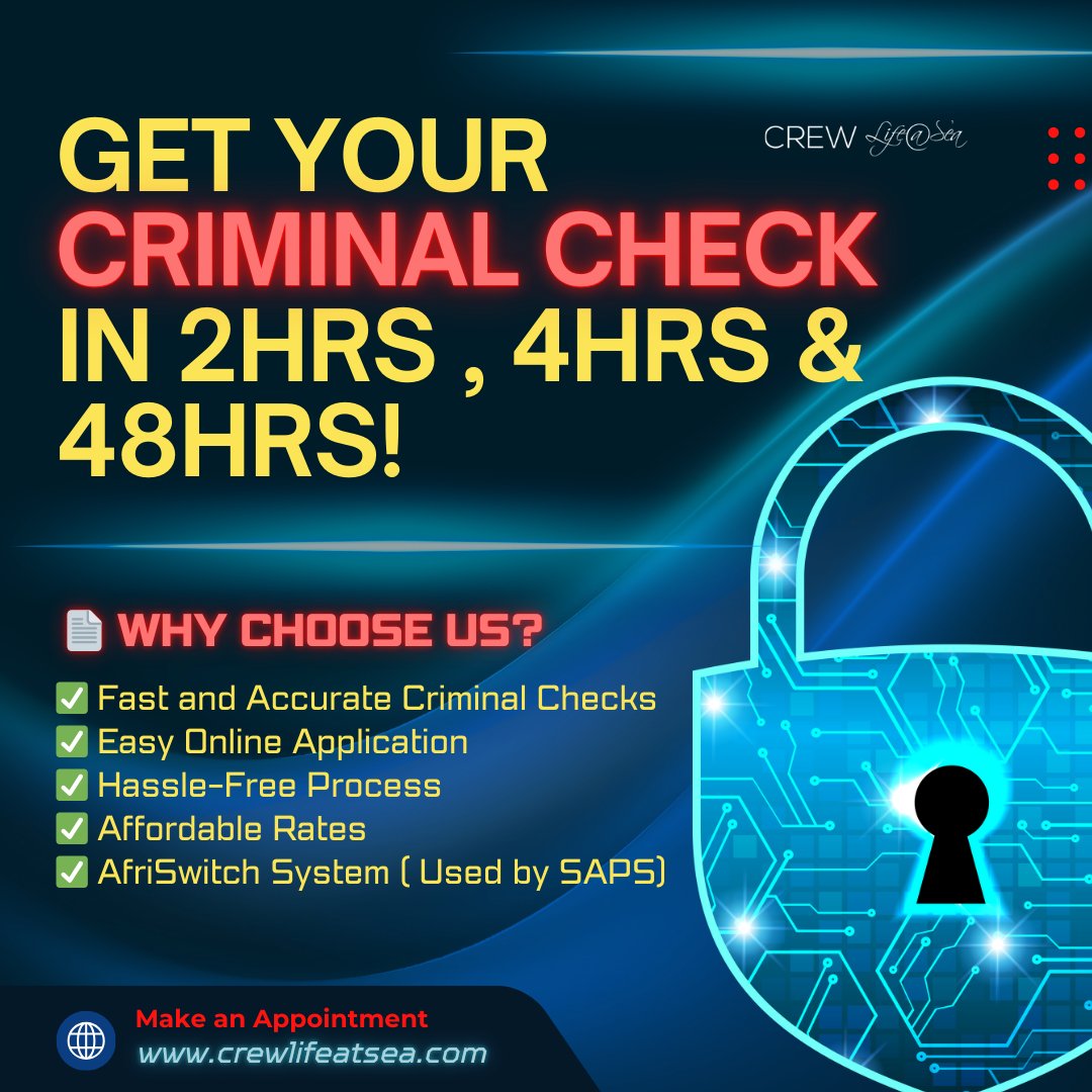 Simplifying the process for you! 🌟

Get your criminal check completed in just 2 hours, 4 hours, or 48 hours with our fast, reliable, and industry-approved service.

✔️ Easy online application
✔️ Hassle-free process
✔️ Affordable rates
✔️ Trusted AfriSwitch system

Visit