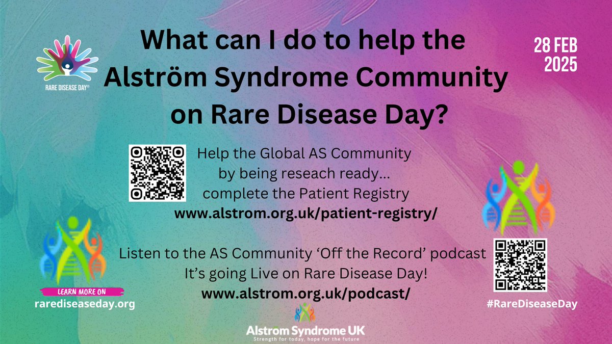 Alström Syndrome UK (@as_uk) on Twitter photo Tomorrow is <a href="/rarediseaseday/">Rare Disease Day</a>
What can I do to help the #AlstromSyndrome Community?
Complete the AS Global Patient Registry so we are research ready: alstrom.org.uk/patient-regist…
Listen to the AS Community 'Off the Record' podcast - it goes live tomorrow! #RareDiseaseDay Tomorrow is <a href="/rarediseaseday/">Rare Disease Day</a>
What can I do to help the #AlstromSyndrome Community?
Complete the AS Global Patient Registry so we are research ready: alstrom.org.uk/patient-regist…
Listen to the AS Community 'Off the Record' podcast - it goes live tomorrow! #RareDiseaseDay