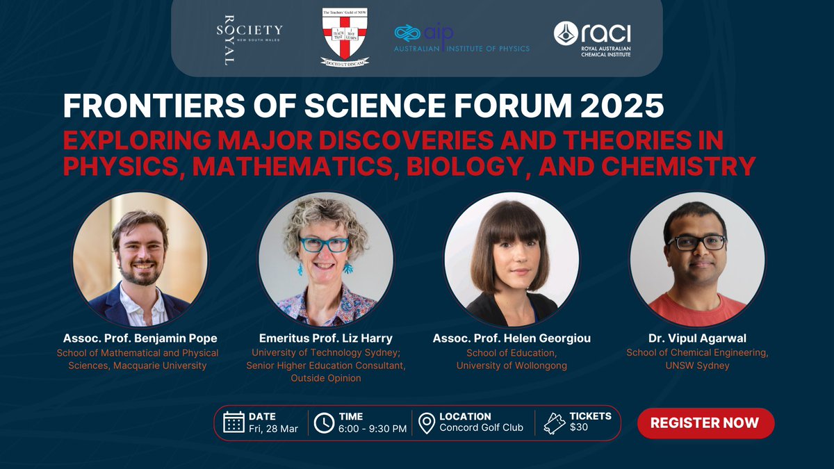Royal Society of NSW (@royalsocnsw) on Twitter photo Registration has opened for the 2025 Frontiers of Science Forum next month! Come and hear four experts present brief talks on their areas of expertise, from astronomy to bacteria, at this joint meeting of <a href="/ausphysics/">Australian Institute of Physics</a>, <a href="/tgnsw/">Teachers' Guild NSW</a>, and <a href="/RACInational/">Royal Australian Chemical Institute</a>: royalsoc.org.au/events/frontie⦠Registration has opened for the 2025 Frontiers of Science Forum next month! Come and hear four experts present brief talks on their areas of expertise, from astronomy to bacteria, at this joint meeting of <a href="/ausphysics/">Australian Institute of Physics</a>, <a href="/tgnsw/">Teachers' Guild NSW</a>, and <a href="/RACInational/">Royal Australian Chemical Institute</a>: royalsoc.org.au/events/frontieā¦