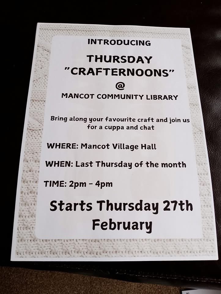 The library will be open from 2pm until 4pm.

Our NEW monthly "Crafternoon" sessions start TODAY. Bring along your latest craft project and come and craft with us.

📚 Books
☕ Tea/Coffee (£1.50)
🧩Jigsaw buy/swap
🖨️ Photocopying/Printing (Small charge)

#notjustalibrary