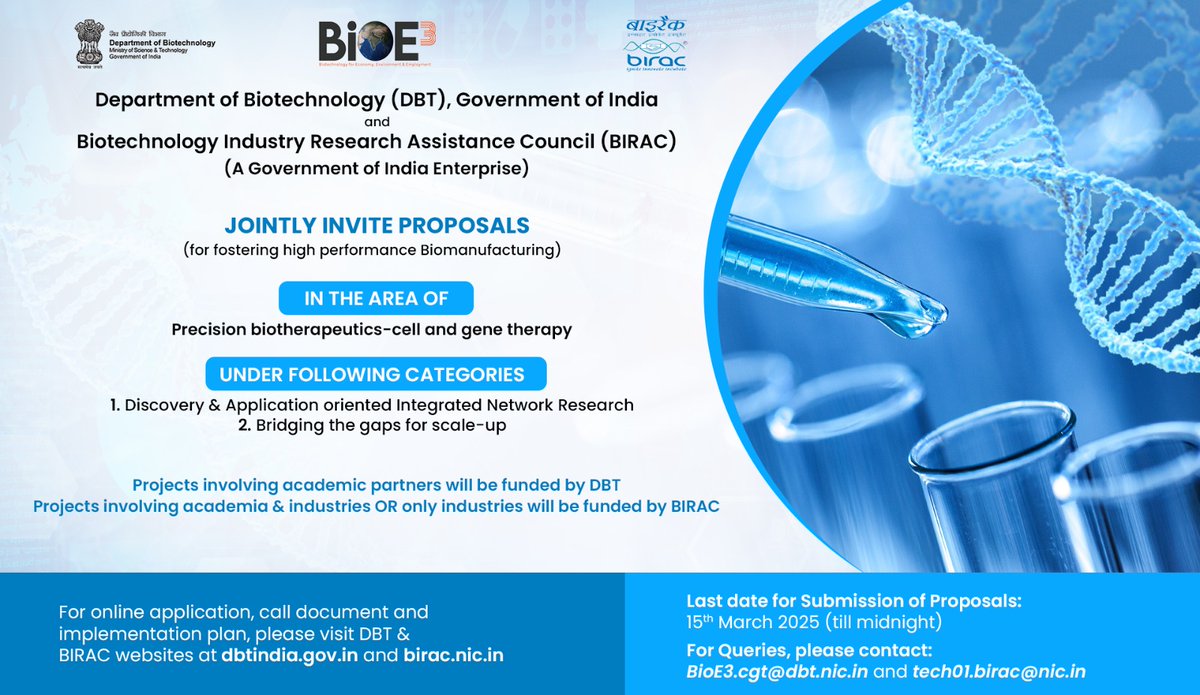 Department of Biotechnology (@dbtindia) on Twitter photo Innovative Prospects in Precision Biotherapeutics: Cell and Gene Therapies!
<a href="/DBTIndia/">Department of Biotechnology</a> and <a href="/BIRAC_2012/">DBT-BIRAC</a> announce the Joint Call for Proposals on Precision Biotherapeutics-Cell and Gene Therapy under BioE3 (Biotechnology
for Economy, Environment & Employment) Policy for Fostering Innovative Prospects in Precision Biotherapeutics: Cell and Gene Therapies!
<a href="/DBTIndia/">Department of Biotechnology</a> and <a href="/BIRAC_2012/">DBT-BIRAC</a> announce the Joint Call for Proposals on Precision Biotherapeutics-Cell and Gene Therapy under BioE3 (Biotechnology
for Economy, Environment & Employment) Policy for Fostering