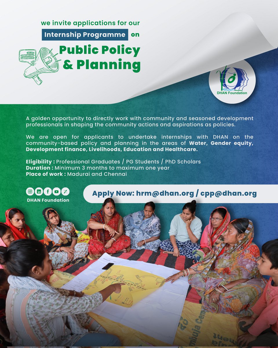 📢 Join us in shaping community actions into policies 📃

To know more: dhan.org

#InternshipOpportunity #CommunityDevelopment #SocialImpact #DHANFoundation