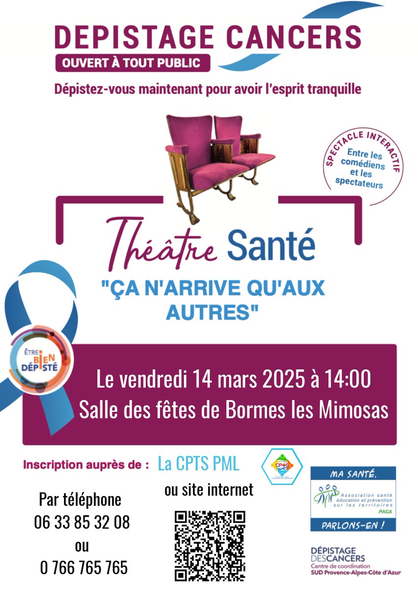 CptsPml's tweet photo. Vous êtes invités à une pièce de théâtre  sur le thème du dépistage le 14 mars à 14h, salle des fêtes de Bormes.
Venez vous détendre, échanger et partager une collation en fin de représentation.
Modalités d' inscription sur l'affiche.
#crcdc #asept #cptspml # dépistage #cancer https://t.co/67CVYEapBQ