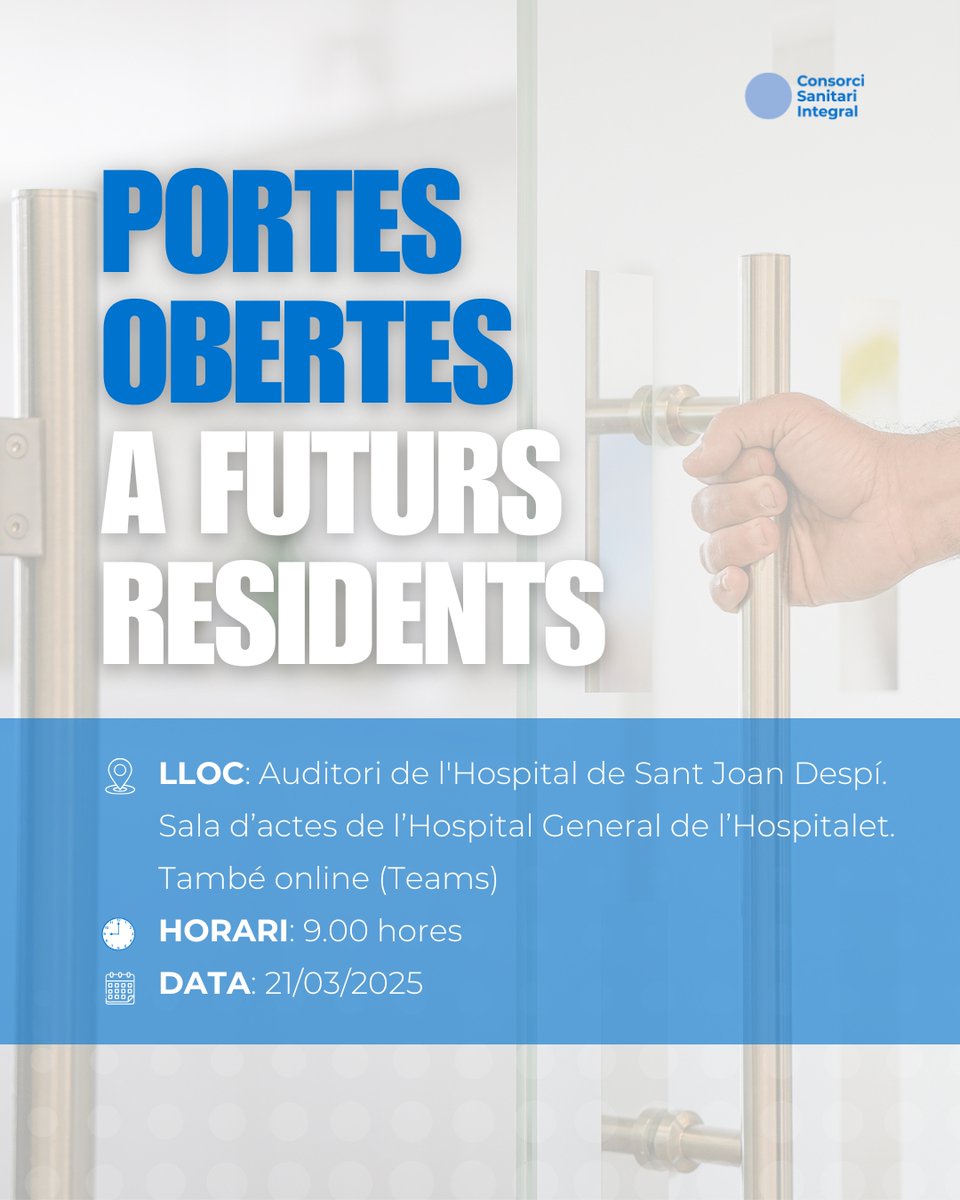 🌟 Jornada de portes obertes per a residents MIR i IIR 2025-2026 🌟

📅 21/03/2025
📍 #HospitaldeSantJoanDespí, #HospitalGeneraldelHospitalet i #HospitalSociosanitaridelHospitalet
Sessions presencials o online.

🔗links.csi.cat/obertes-25

#MIR #EIR #IIR