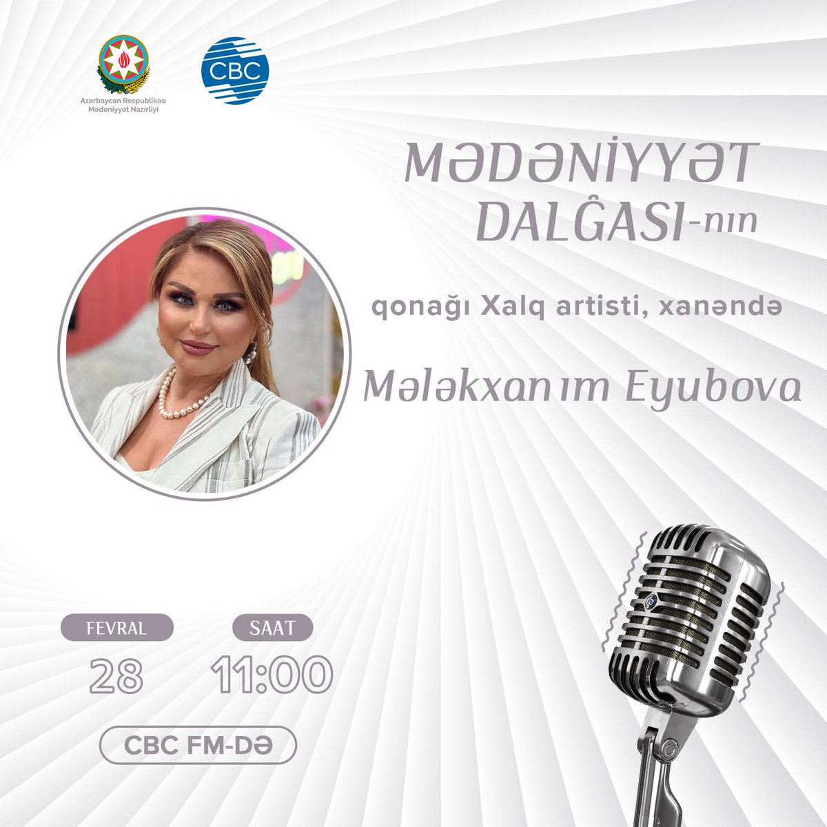culture_gov_az's tweet photo. “Mədəniyyət Dalğası” layihəsinin növbəti qonağı Xalq artisti, xanəndə Mələkxanım Eyubovadır.
#Azərbaycan #MədəniyyətNazirliyi #CBCFM #mədəniyyət #radio #fm #layihəqonağı https://t.co/q5Q6VR9TJn