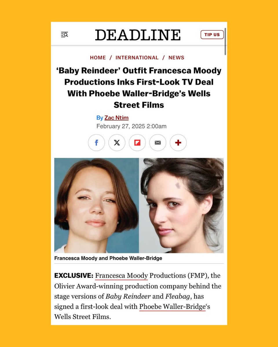 We are thrilled to announce that we have signed a two year first-look deal with Wells Street Films, Phoebe Waller-Bridge's production company.  The deal will give Wells Street Films the first opportunity to develop our productions for television. 

Link to the articles in the bio