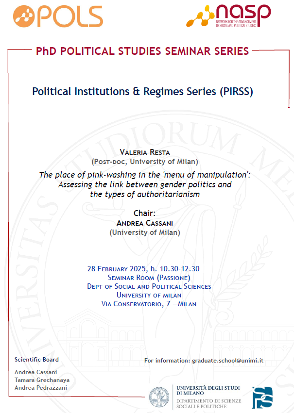 andrea pedrazzani (@andrea_piter) on Twitter photo Don't miss this great seminar🔝 tomorrow about the link between #gender politics & types of #authoritarianism, by Valeria Resta
Political Institutions & Regimes Seminar Series #PIRSS, 28.02.2025, 10:30-12:30, Passione Seminar Room
<a href="/GrrchanTamara/">Tamara Grechanaya</a> A.Cassani
nasp.eu/news-events-se… Don't miss this great seminar🔝 tomorrow about the link between #gender politics & types of #authoritarianism, by Valeria Resta
Political Institutions & Regimes Seminar Series #PIRSS, 28.02.2025, 10:30-12:30, Passione Seminar Room
<a href="/GrrchanTamara/">Tamara Grechanaya</a> A.Cassani
nasp.eu/news-events-se…