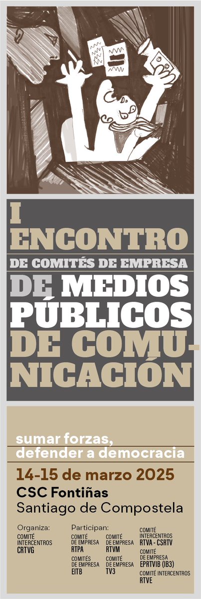 O 14 e 15 de marzo os comités de empresa das radiotelevisións públicas de todo o estado reunirémonos en Compostela por primeira vez baixo o lema "Sumar forzas, defender a democracia" para tecer alianzas na defensa dos medios públicos. #IEncontrodecomitesdosmediospublicos