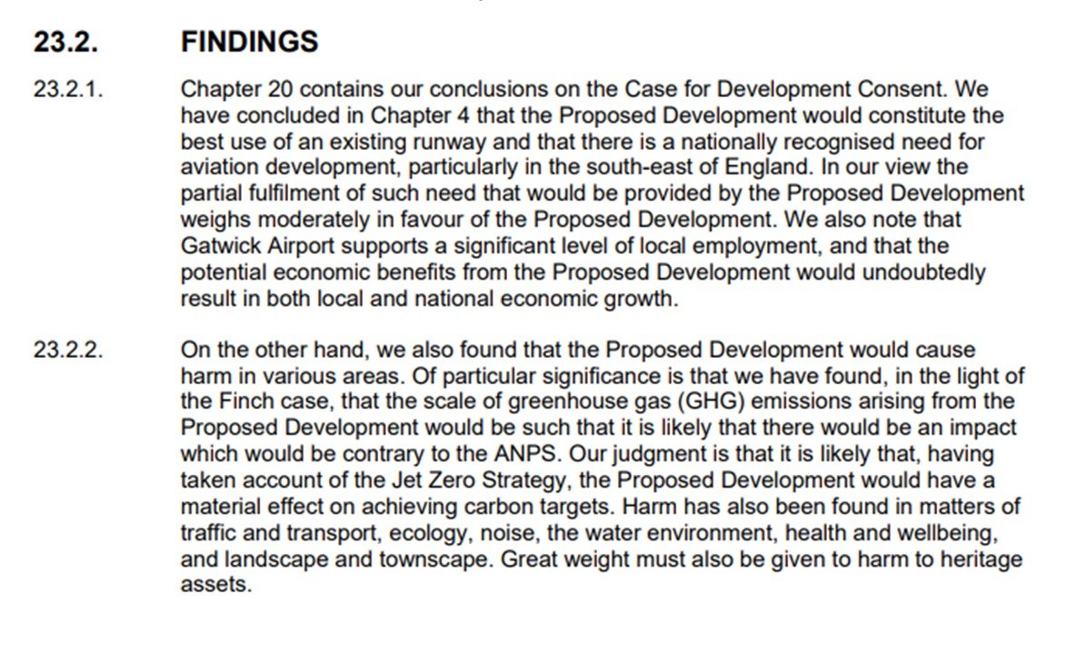 I don't tend to read planning applications for fun but the UK government has said it is "minded to approve" the expansion of Gatwick.   

How you can read these paragraphs from the Planning Inspectorate and then suggest that the application should be approved blows my mind 👇